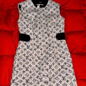 Authentic $5k Louis Vuitton Blue & White TWEED with black leather dress.
